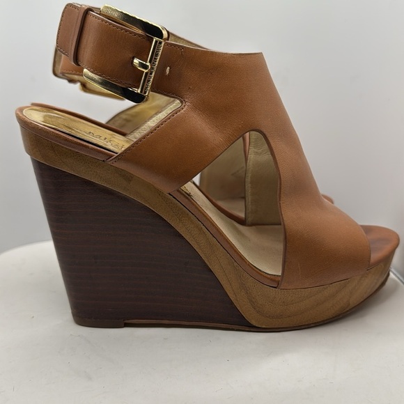 Michael Kors Tan Leather Wedge Sandals - Picture 1 of 9